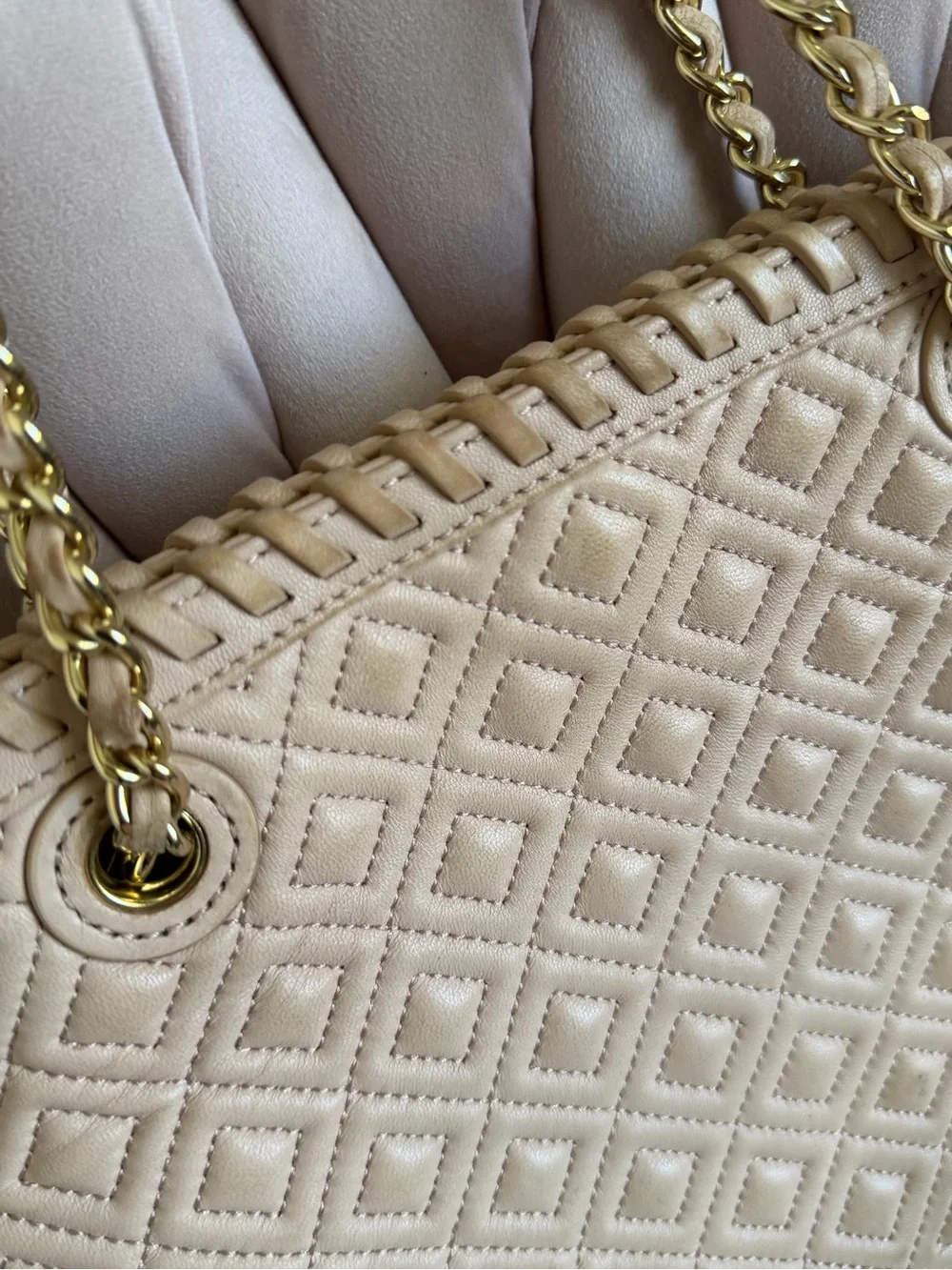 Tory Burch Marion Beige Quilted Leather Tote